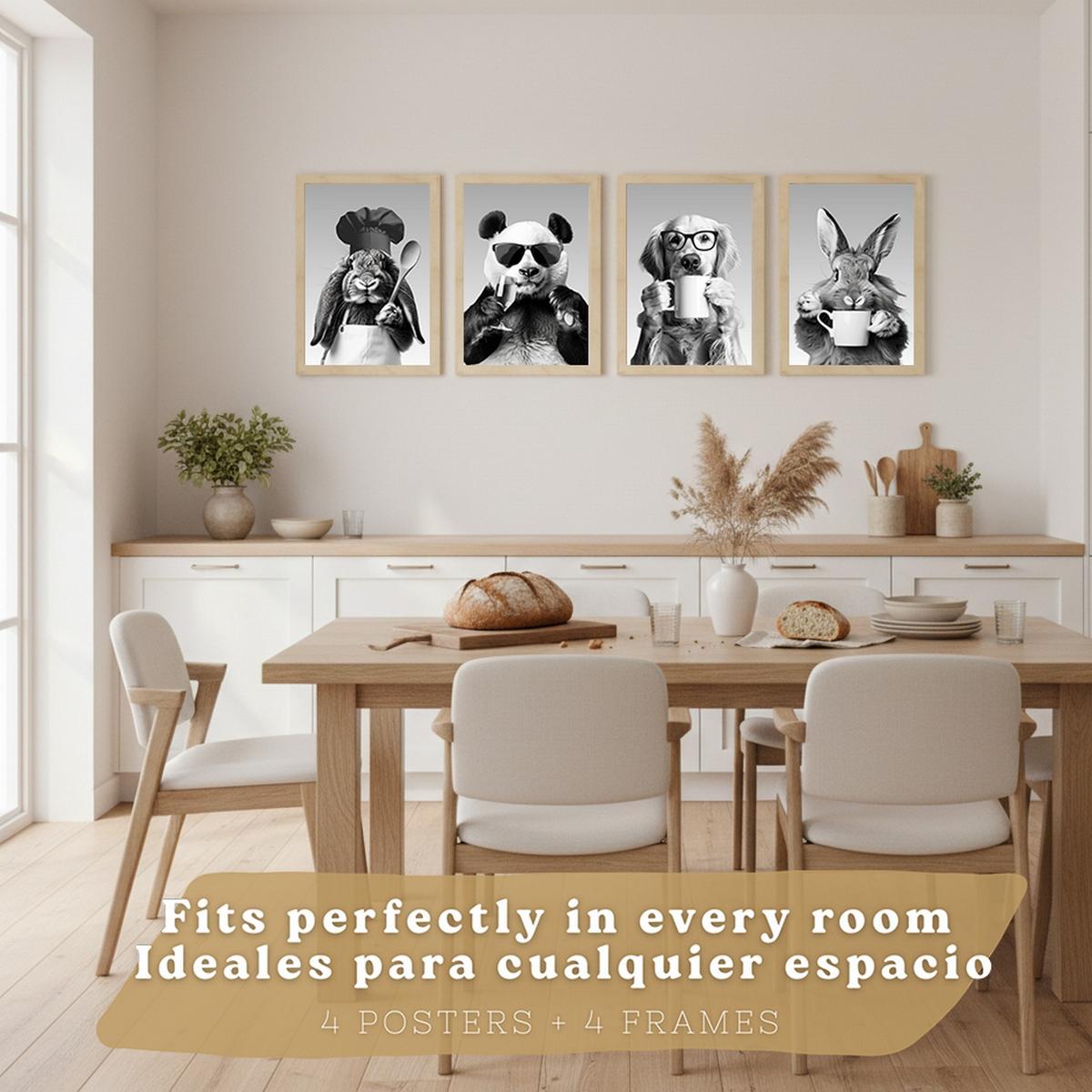 POSTER 4er Set Lustige Tiere Schwarz Weiß Wandbilder Hase Panda Golden Retriever Koch Küche Deko Leichter Holzrahmen A3 - Beige, Papier (29.7/1/42cm) - Nacnic