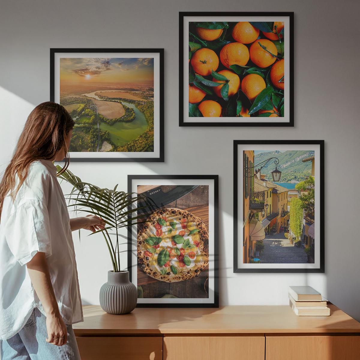 BILDER SET 4er Set - 50x50 cm & 40x60 cm Schwarzer Rahmen - Italienische Flüsse, Hügel, Straße - Schwarz, Kunststoff (50/50cm) - TULUP