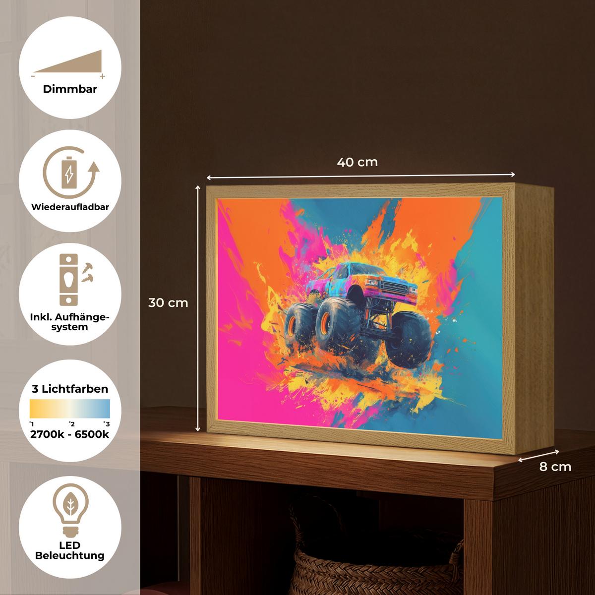 NACHTTISCHLAMPE MIT AKKU Monstertruck - Abstrakt - Farbspritzer - Farbenfroh 40x30 cm - Pink, Holzwerkstoff (8/40/30cm) - OnlyWow
