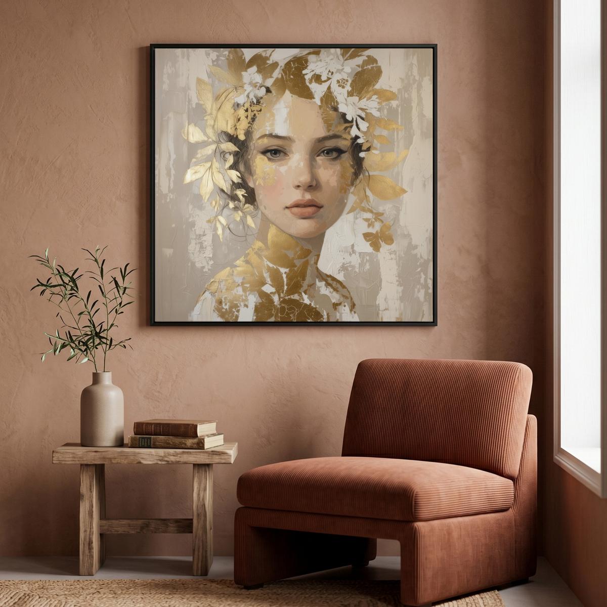 LEINWAND Bilder mit Rahmen - Gesicht - Frau - Blätter - Gold - 90x90 - Beige, Textil (90/90cm) - MuchoWow