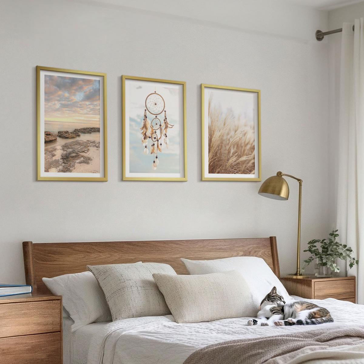 BILDER SET 3er Set - 40x60 cm Goldrahmen - Wolkenmeer, Traumfänger, Gras - Goldfarben, Kunststoff (40/60cm) - TULUP