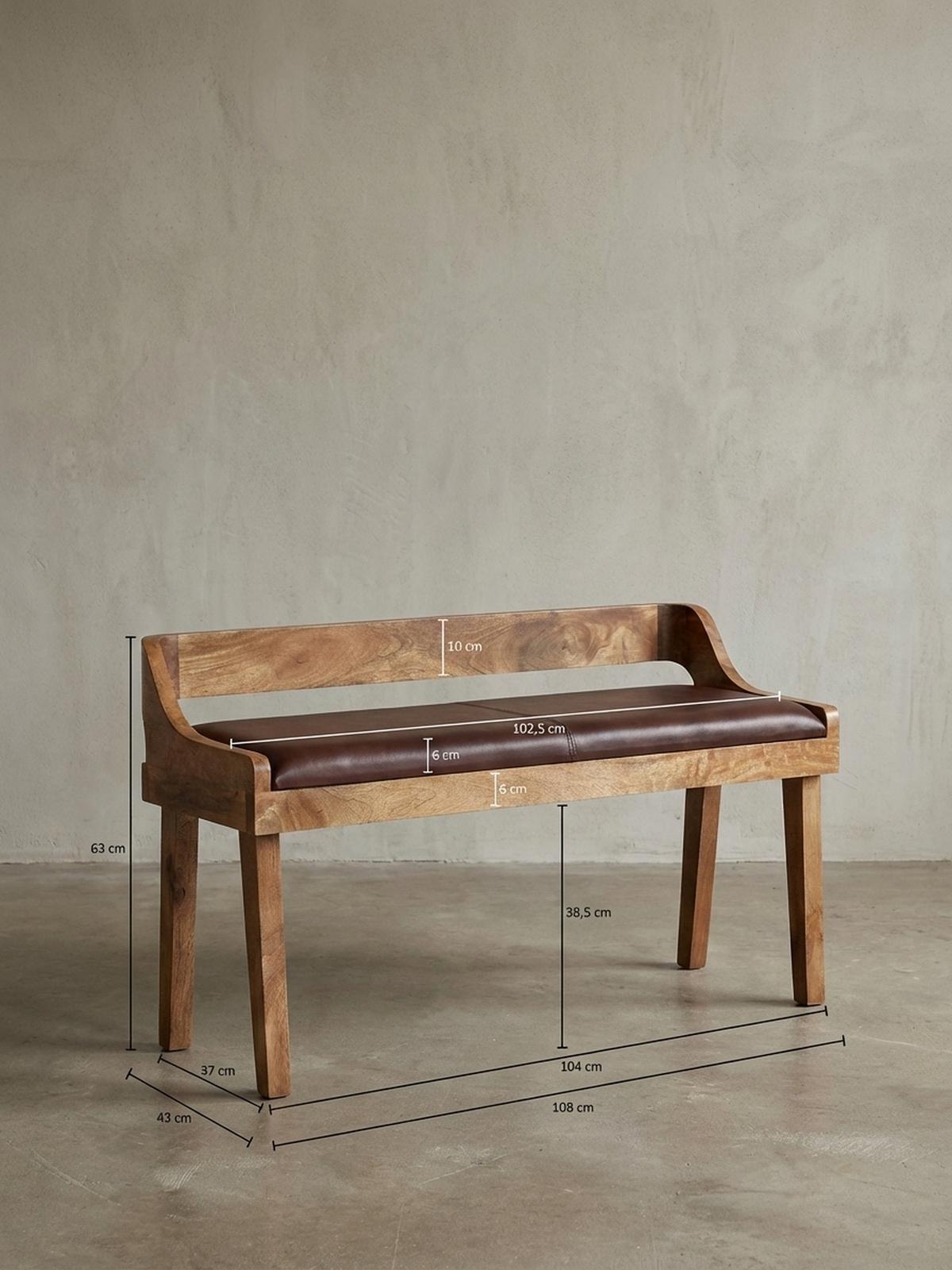 SITZBANK – Echtleder, 108 cm, mit Rückenlehne, Beine Massivholz - Braun, Mangoholz/Leder (108/63/43cm) - KADIMA DESIGN