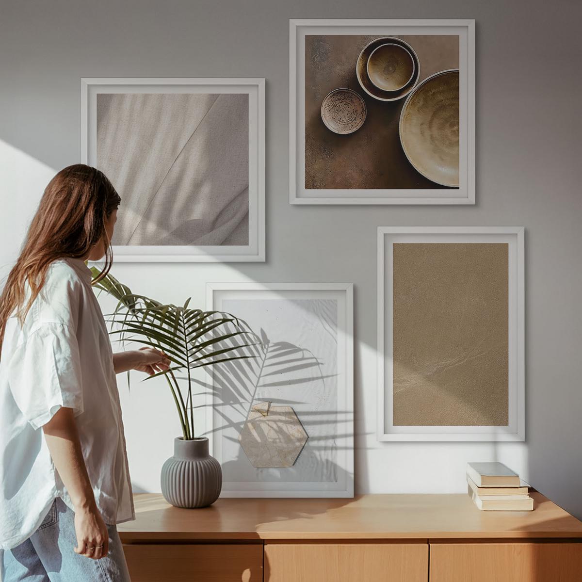 BILDER SET 4er Set - 50x50 cm & 40x60 cm Weißer Rahmen - Minimalistische warme Texturen - Weiß, Kunststoff (50/50cm) - TULUP
