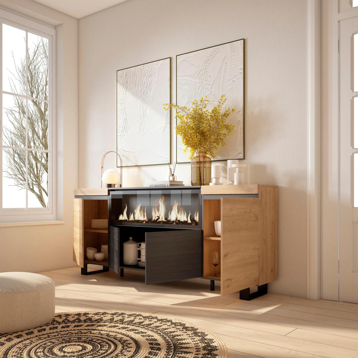 SIDEBOARD Elektrokamin XXL, eiche, schwarz, 208/35/87cm - Eichefarben/Beige, Holzwerkstoff (208/87/35cm) - Skraut Home