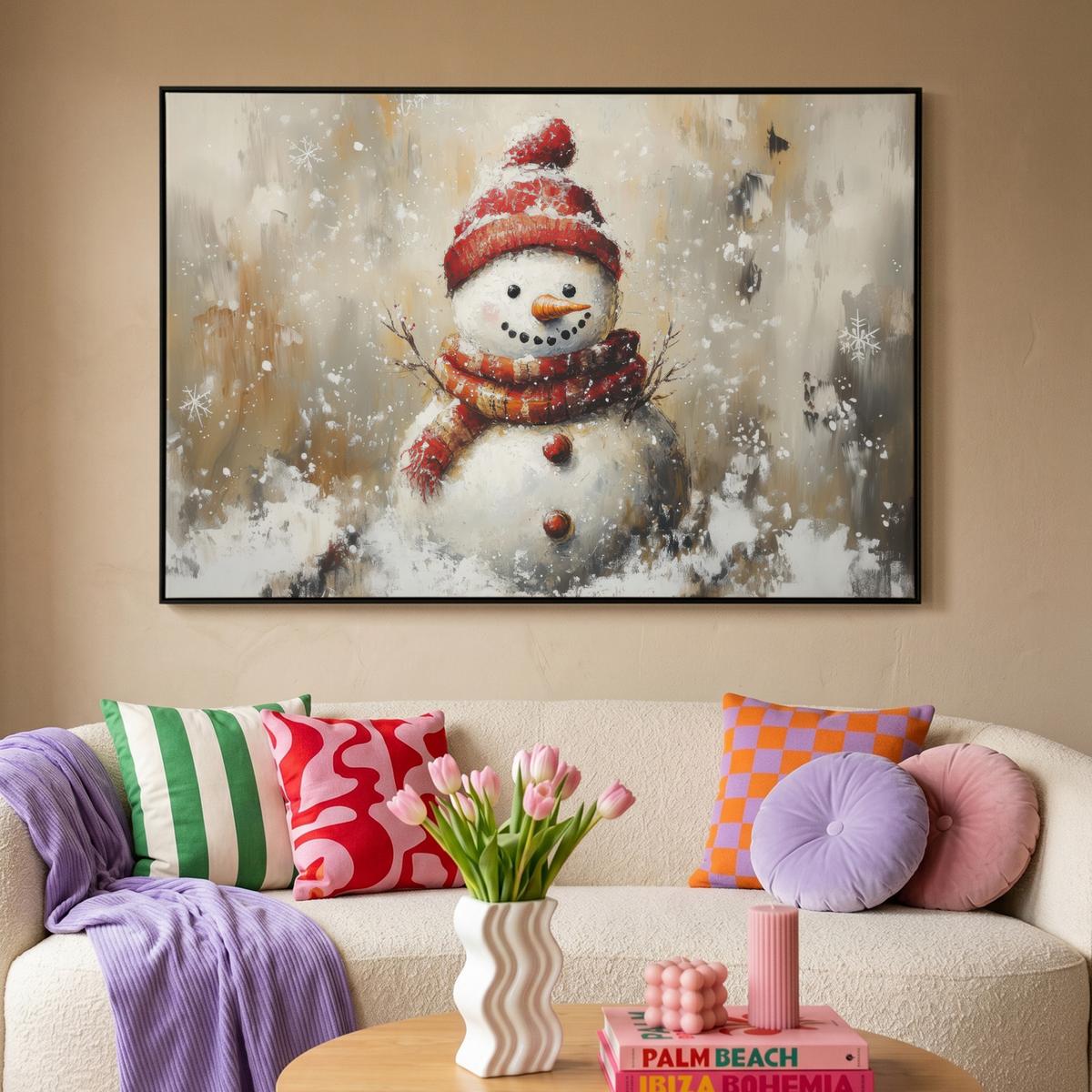 LEINWAND Bilder mit Rahmen - Schneemann - Winter - Schnee - Beige - 120x80 - Weiß, Textil (120/80cm) - MuchoWow
