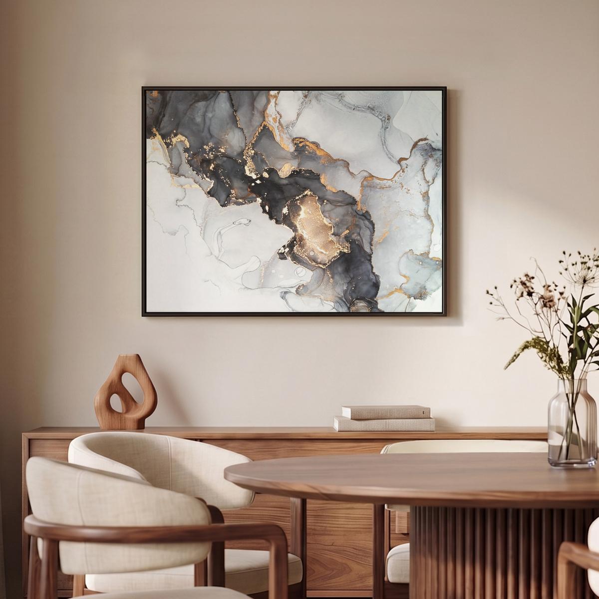 LEINWAND Bilder mit Rahmen - Marmor - Schwarz - Weiß - Gold - Luxus - Abstrakt - 70x50 - Goldfarben, Textil (70/50cm) - MuchoWow