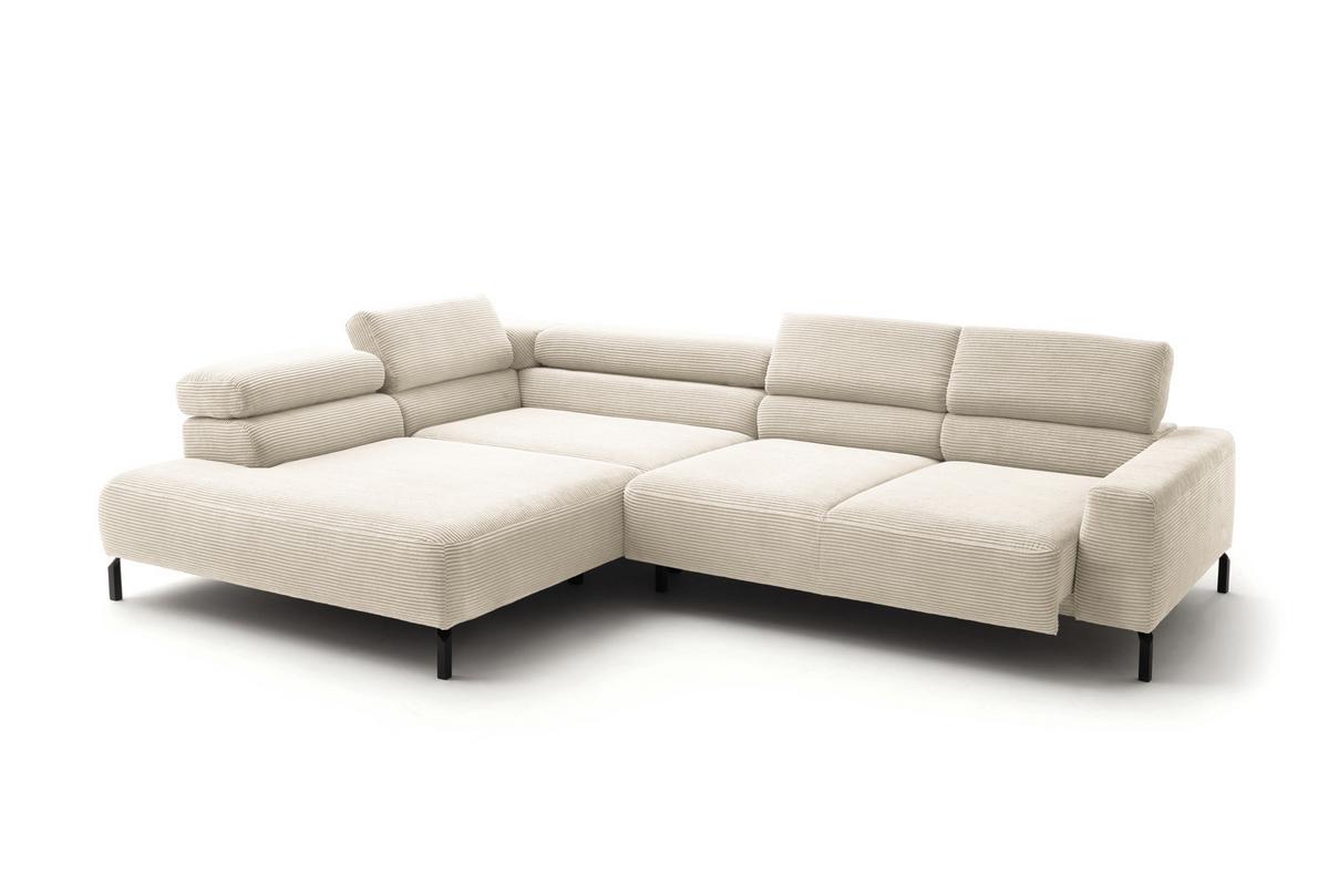 ECKSOFA DELIA Cremeweiß Cord Relaxfunktion - Creme/Schwarz, Textil/Metall (276/219cm) - KAWOLA