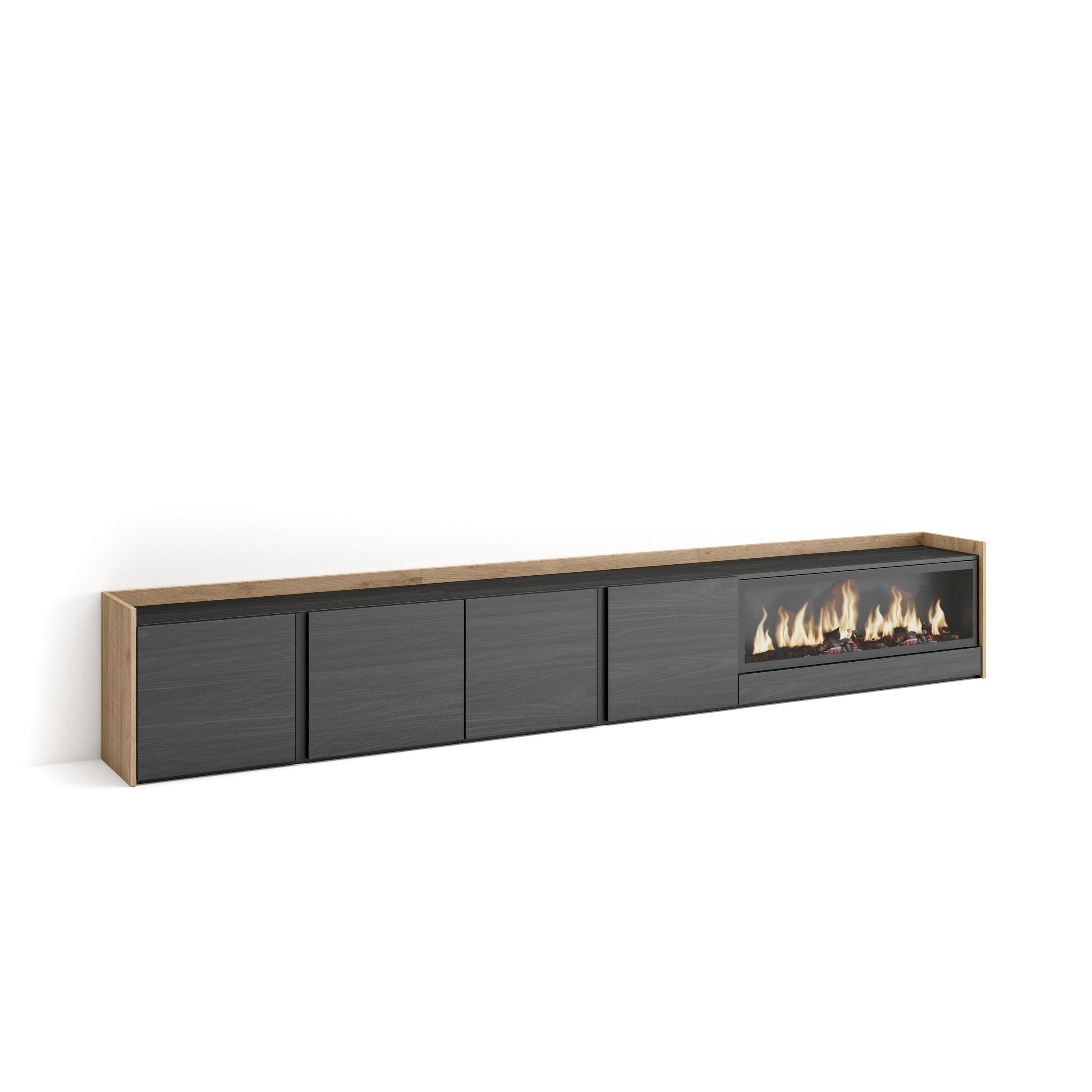 LOWBOARD, Schwarz und Eiche, 315/35/50cm, Kamin mit Feuereffekt XXL - Schwarz, Holzwerkstoff (315/50/35cm) - Skraut Home