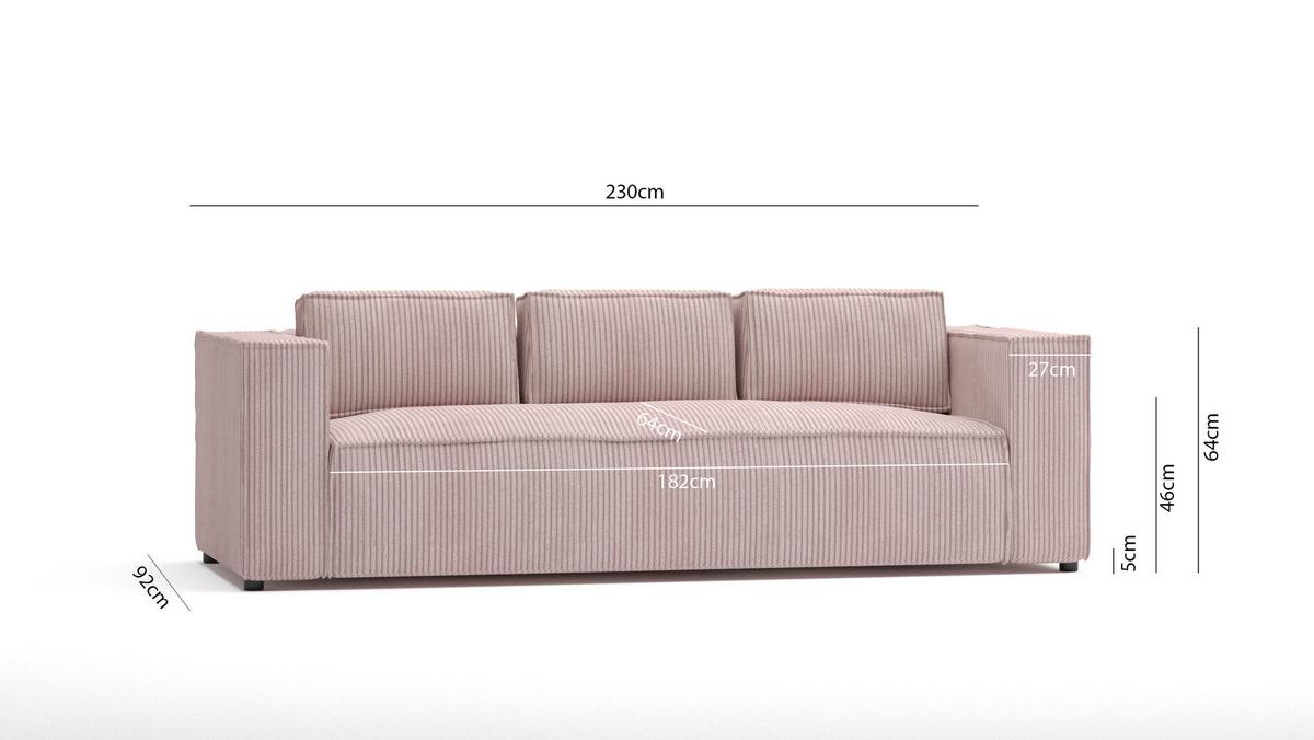 3-SITZER-SOFA Nova Puderrosa Cord - Pink/Schwarz, Holz/Kunststoff (230/64/92cm) - S-Style Möbel