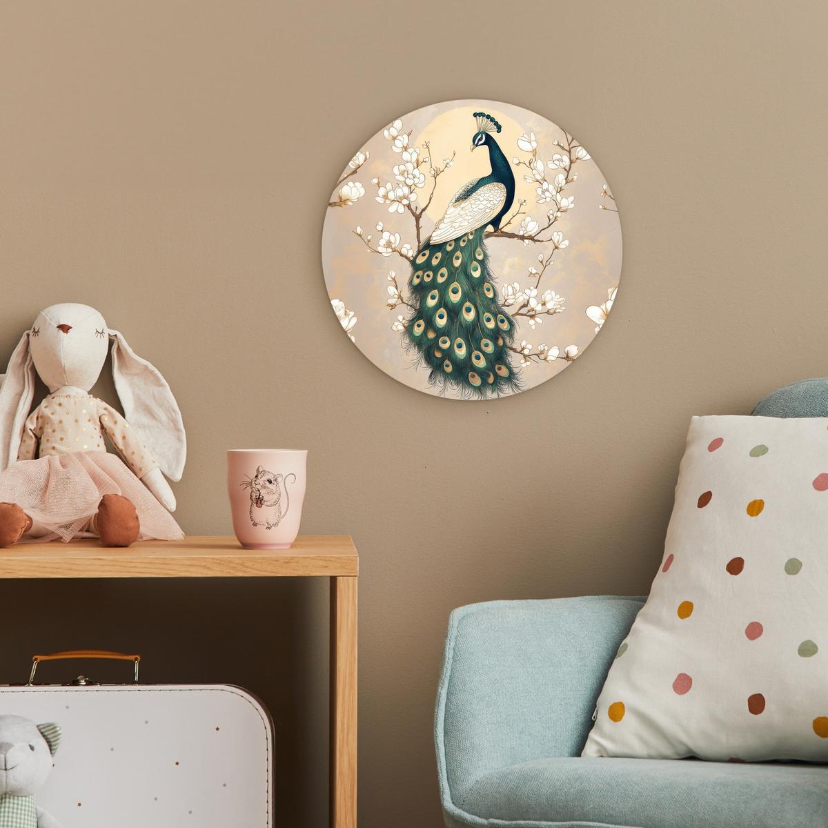 WANDBILD Pfau - Zweig - Blumen Deko Wohnzimmer 30x30 cm - Champagner, Kunststoff (30/30cm) - MuchoWow