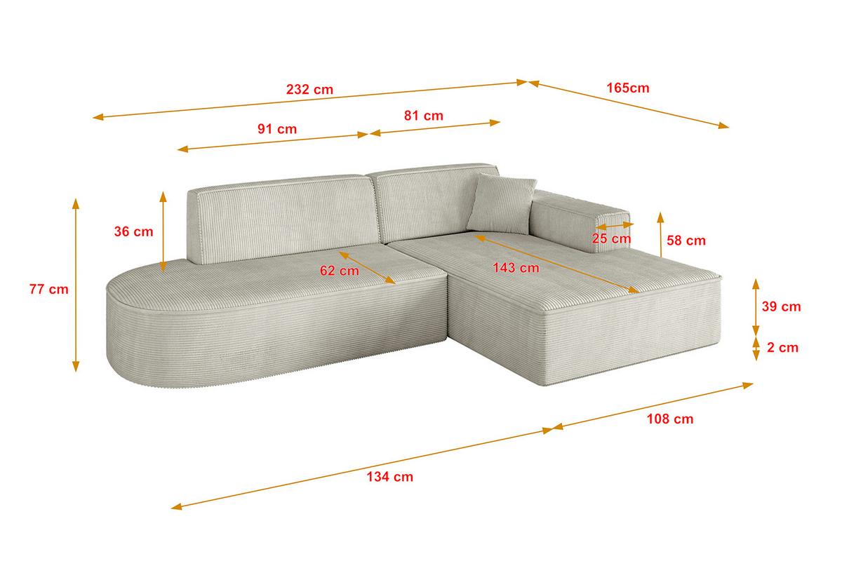 ECKSOFA Ottomane Rechts IREA-L1-v4 - 232x165x77 cm Creme - Ecru/Creme, Holzwerkstoff/Textil (232/165cm) - ALTDECOR