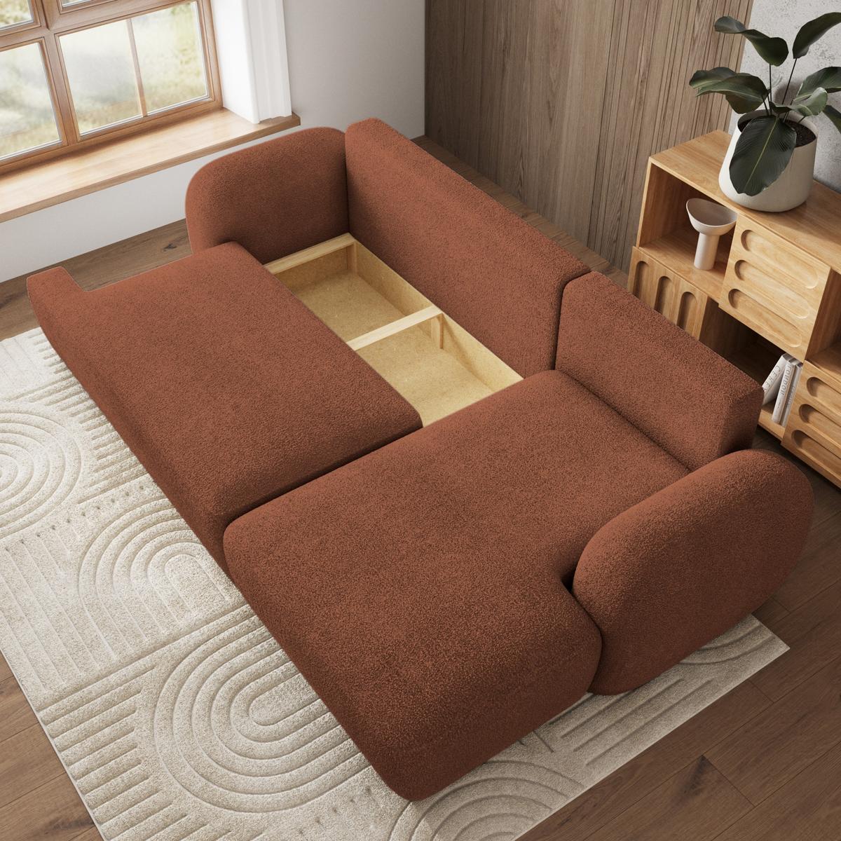 ECKSOFA MODENZA N R-S Orange Boucle-Stoff mit Schlaffunktion - Schwarz/Orange, Holz/Kunststoff (266/148cm) - MASSENO