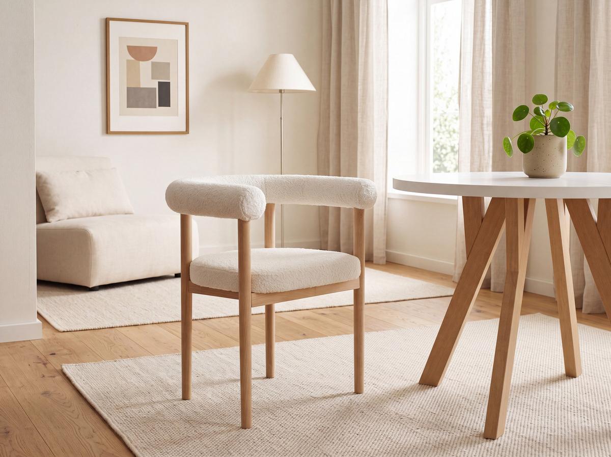 ESSZIMMERSTUHL MAYA 4er Set in Weiß Boucle mit massivem Buchenholzgestell 62/56/78 cm - Hellbraun/Weiß, Holz/Textil (61/74/57.5cm) - WFL GROUP
