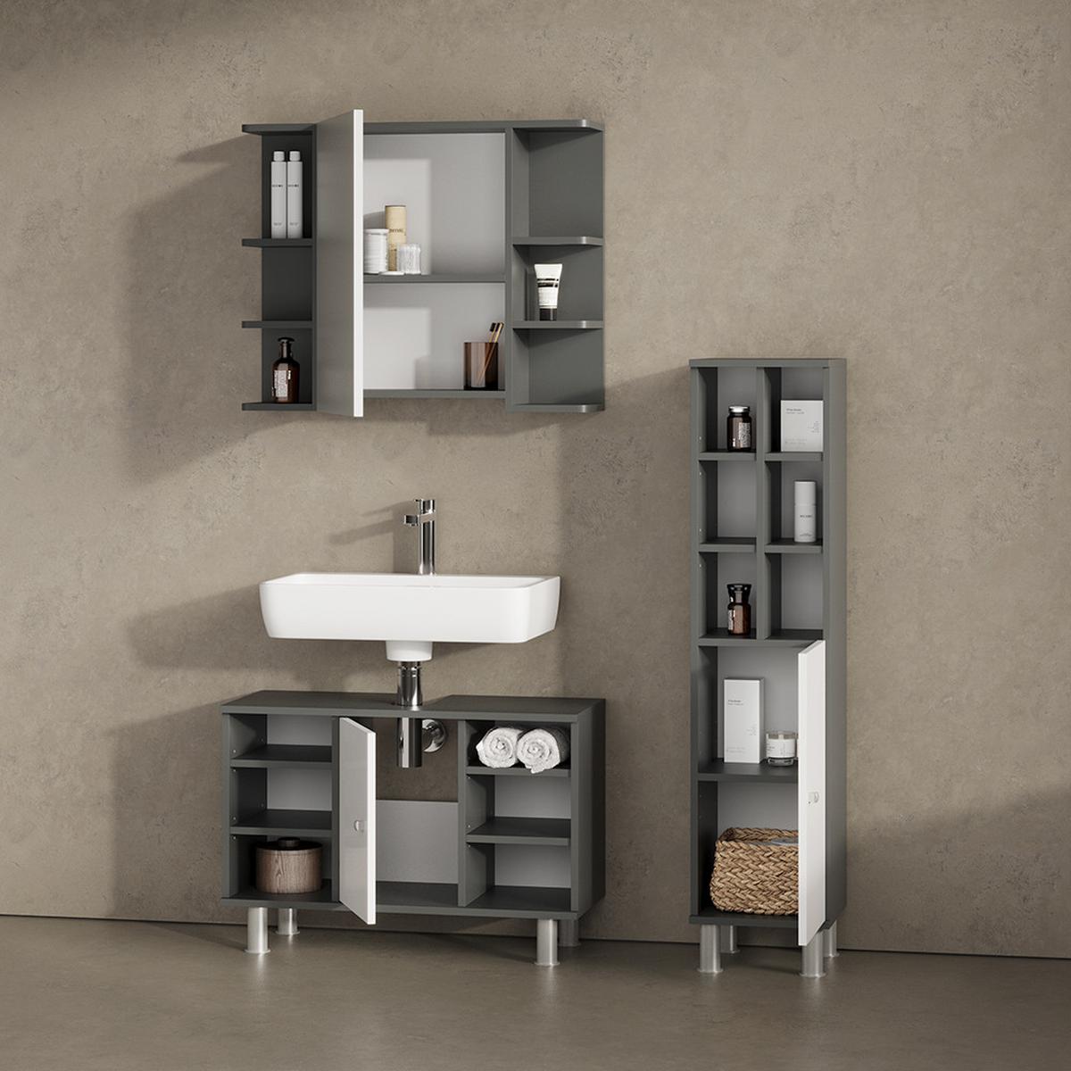BADMÖBEL-SET Fucino Anthrazit 3 Teile, mit Midischrank Tür groß - Anthrazit, Holzwerkstoff (80/54/32cm) - Livinity®