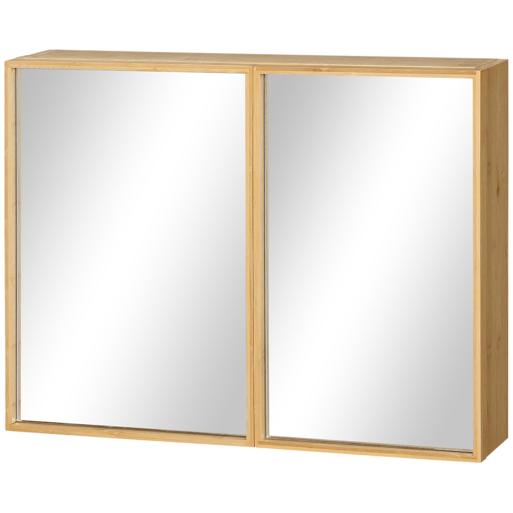 SPIEGELSCHRANK mit 3 Innenböden, Doppeltür, Bambus, Natur, 65,2 x 14 x 50 cm - Naturfarben, Glas (65.2/50/14cm) - Kleankin