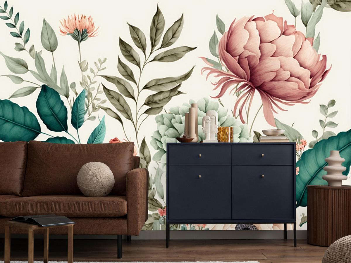 FOTOTAPETE für Schlafzimmer Pastell Pfingstrosen Blüten Blätter 200x140 - Türkis/Blau, Papier (200/140cm) - Muralo