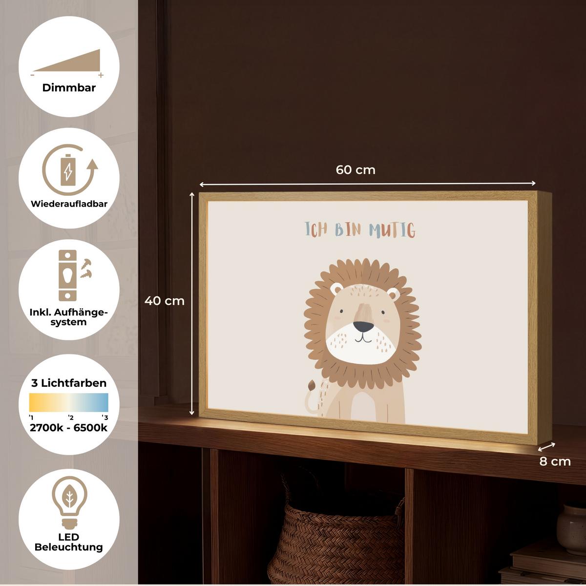 WANDLEUCHTE MIT AKKU Löwe - Beige - Tier - Mutig - Zitat 60x40 cm - Beige, Holzwerkstoff (60/40/8cm) - OnlyWow