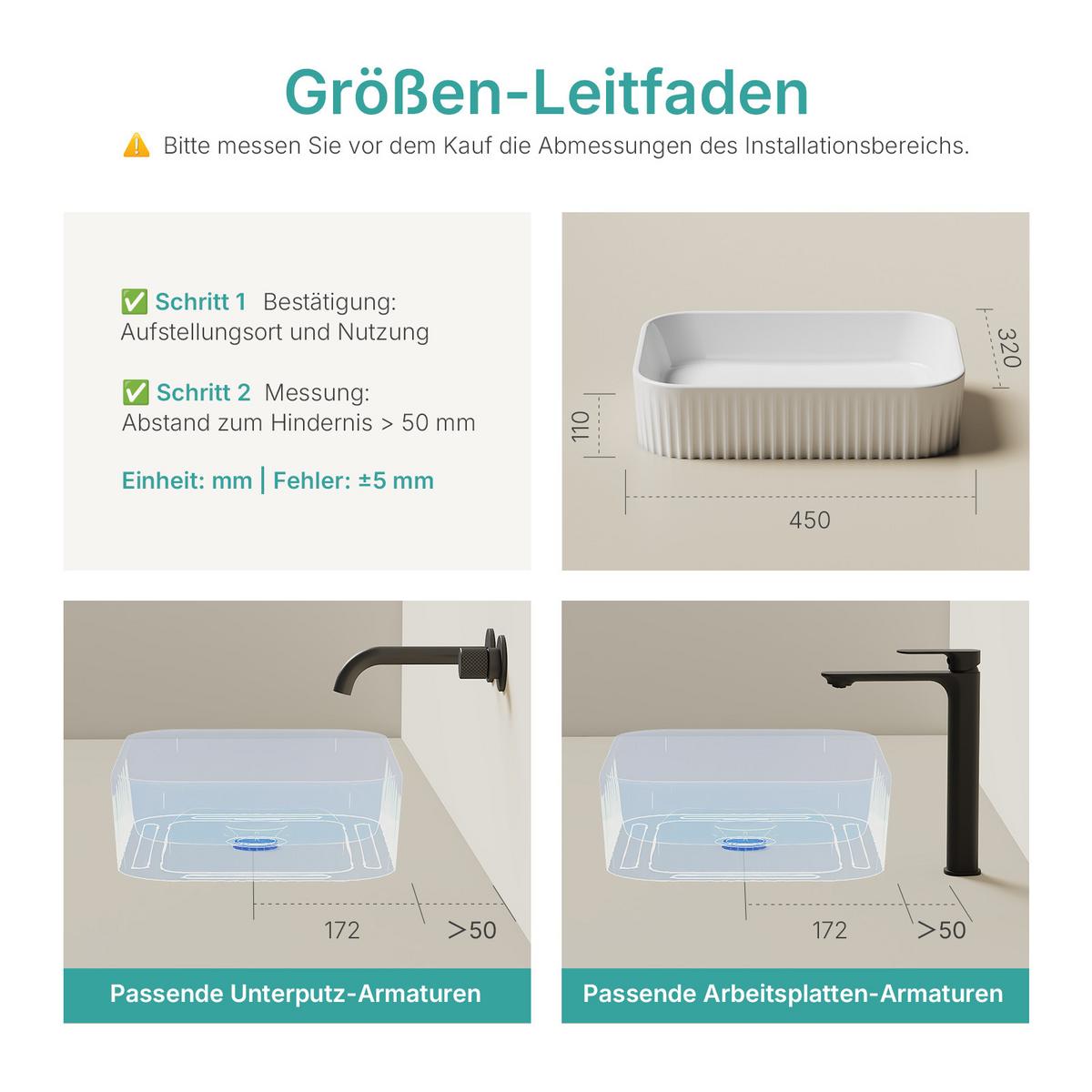WASCHBECKEN mit Vertikale Rillen Abgerundete Ecken 45 / 32 / 11 cm - Weiß, Keramik (45/11/32cm) - EMKE