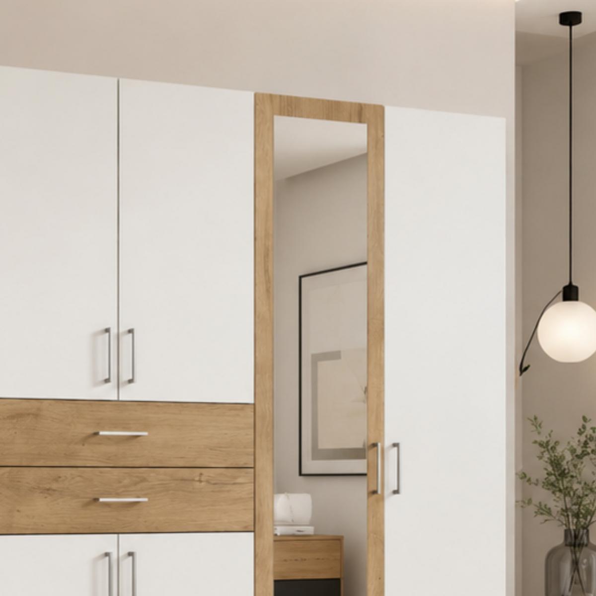DREHTÜRENSCHRANK B270/H208/T58 cm Weiß mit Absetzungen in Eiche Dekor, Kleiderschrank mit 2 Spiegeltüren & Schubkästen / 22595 - Eichefarben/Silberfarben, Holzwerkstoff/Kunststoff (270/208/58cm) - luma-home