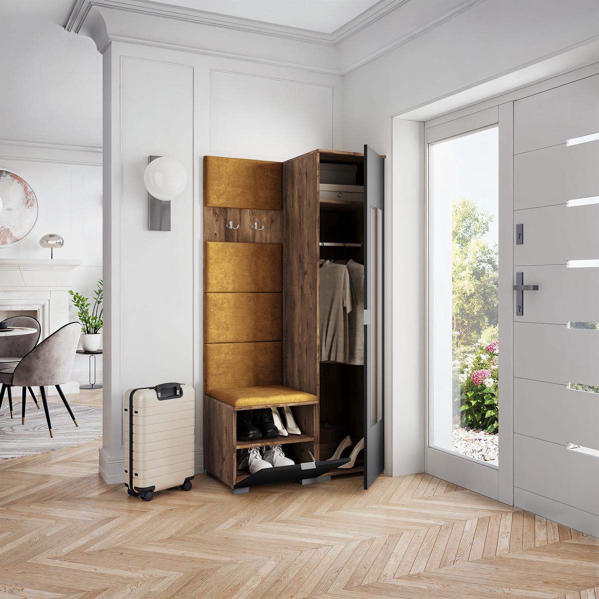 GARDEROBENSCHRANK VIRA 95/181/51 cm Modern Garderobe-Set Eiche Lefkas - Eichefarben/Gelb, Holzwerkstoff (95/181/51cm) - MASSENO