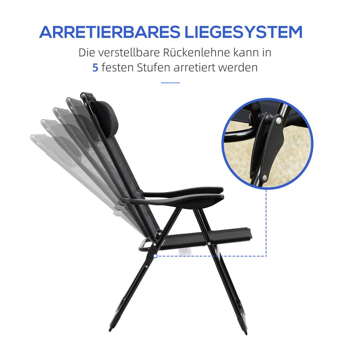 KLAPPSTUHL Campingstuhl 2er-Set, mit verstellbarer Rückenlehne, Stahl Oxford, Schwarz - Schwarz, Metall (70/109/62cm) - Outsunny