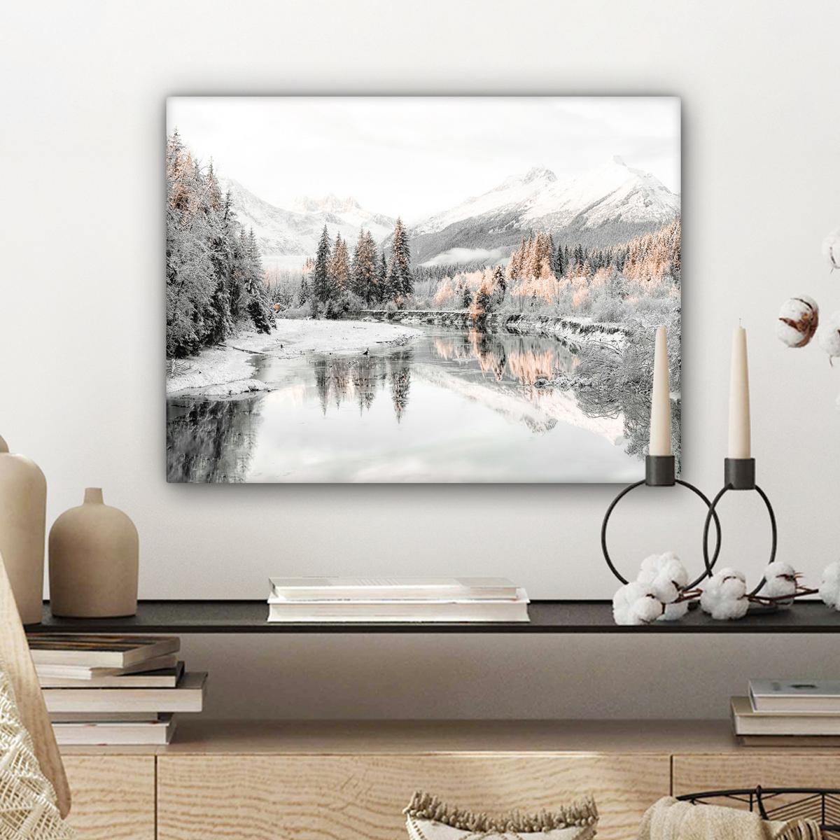 LEINWANDBILD Natur - Winter - Bäume - Berge - Schnee Wandbild 40x30 cm - Weiß Hochglanz, Textil (40/30cm) - MuchoWow