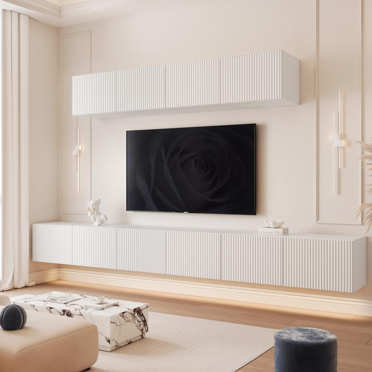 WOHNWAND ANGEL IV Mattweiß hängend mit LED-Beleuchtung 300 cm - Weiß, Holzwerkstoff (300/36/40cm) - Idohome
