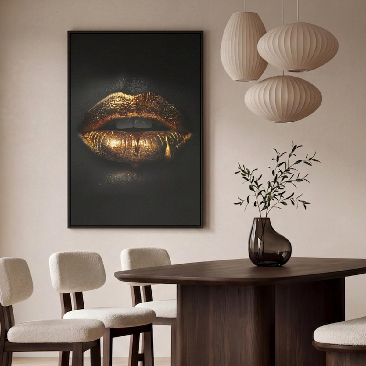 LEINWAND Bilder mit Rahmen - Frau - Porträt - Lippen - Gold - Schwarz - 90x140 - Schwarz, Textil (90/140cm) - MuchoWow