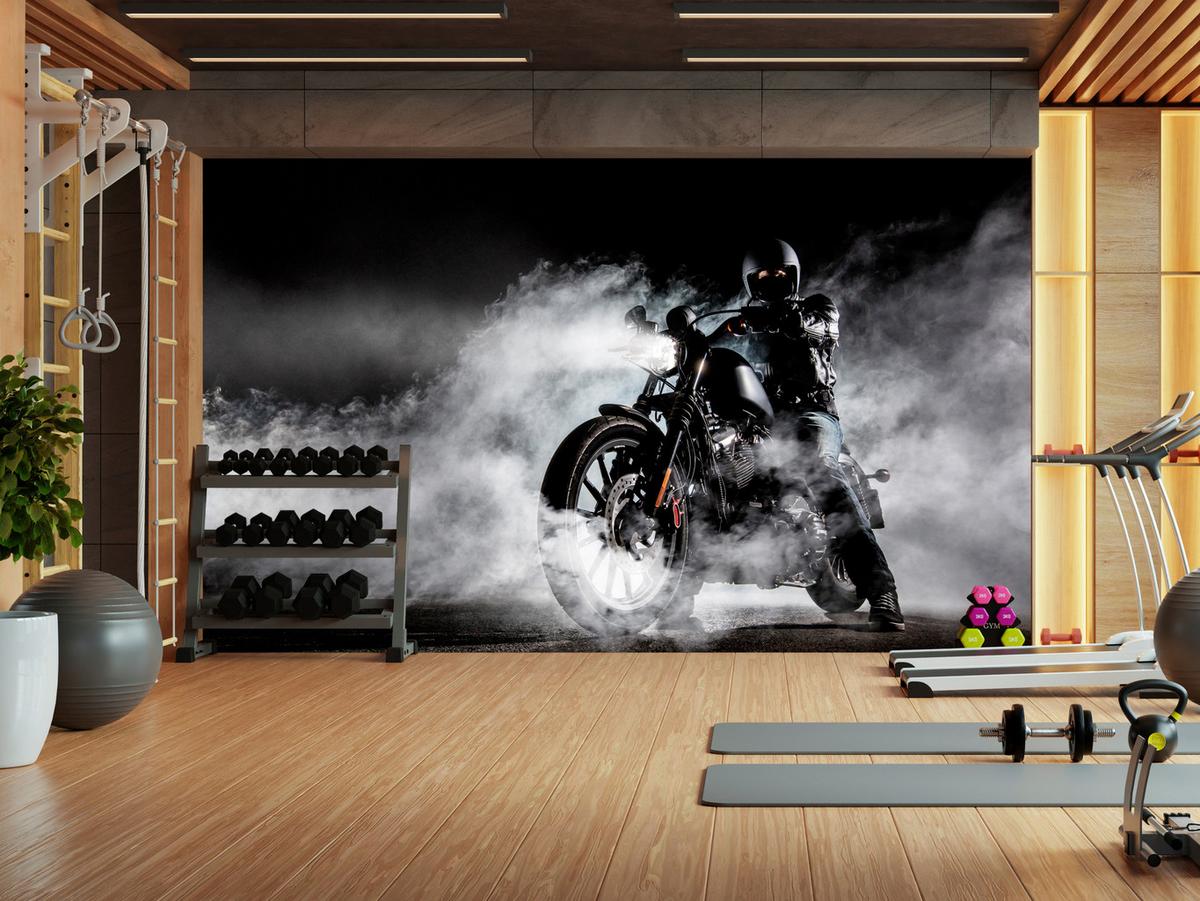 FOTOTAPETE für Jugendzimmer Motorrad Nebel Mann Straße Rauch Sport Action 350x256 - Schwarz/Weiß, Papier (350/256cm) - Muralo