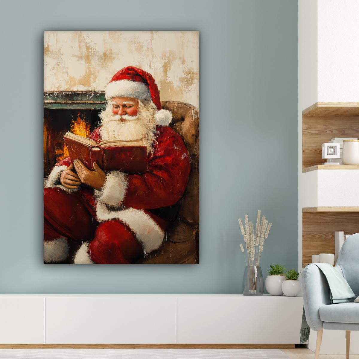 LEINWANDBILD Weihnachten - Weihnachtsmann - Winter - Open Fireside Deko XXL 80x120 cm - Dunkelrot, Textil (80/120cm) - MuchoWow