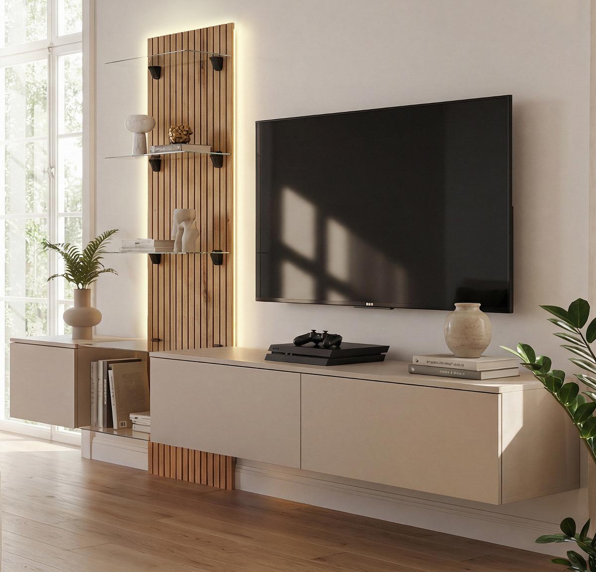 WOHNWAND Grau Lehm, Evoke Eiche 220 cm hängend, Schrankwand mit LED und Push-to-Open - Eichefarben/Hellgrau, Glas/Holzwerkstoff (220/150/40cm) - Inn.Furn