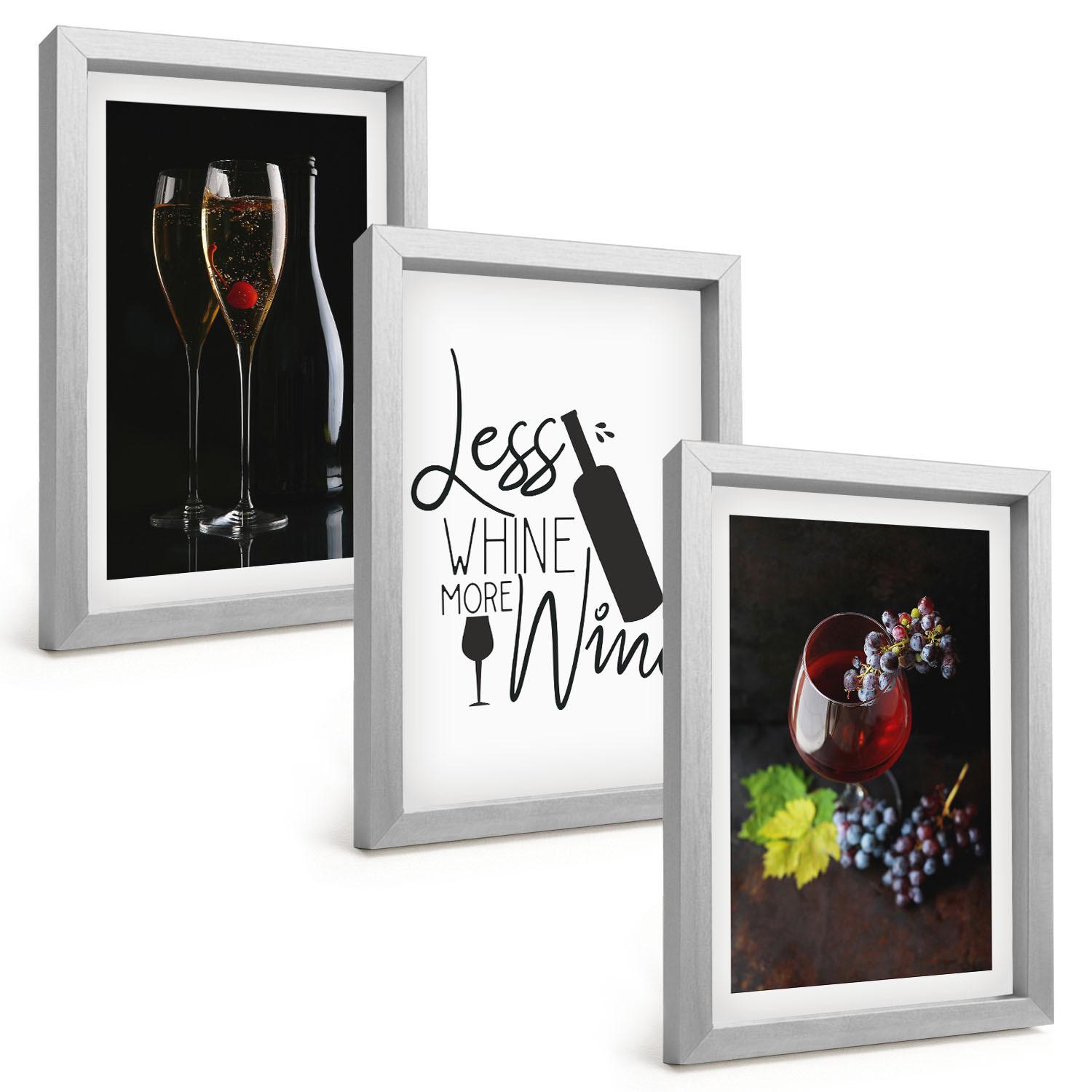 BILDER SET 3er Set - 20x30 cm Silberner Rahmen - Weingläser mit Trauben und Inschrift - Silberfarben, Kunststoff (20/30cm) - TULUP