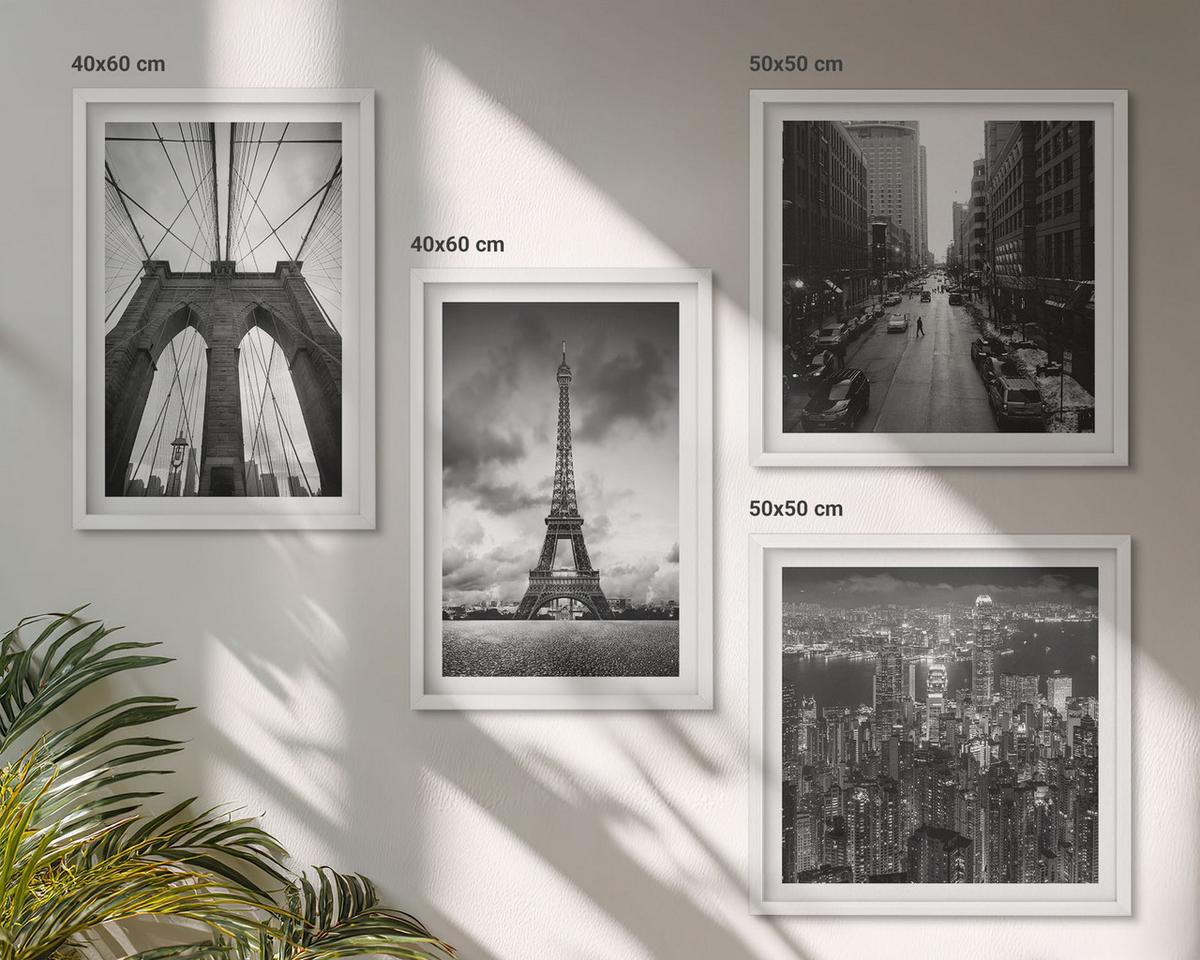 BILDER SET 4er Set - 50x50 cm & 40x60 cm Weißer Rahmen - Monochromatische Brückentürme - Weiß, Kunststoff (50/50cm) - TULUP