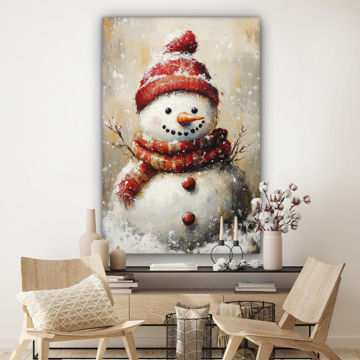 LEINWANDBILD Schneemann - Winter - Schnee - Beige Deko Groß 90x140 cm - Weiß, Textil (90/140cm) - MuchoWow