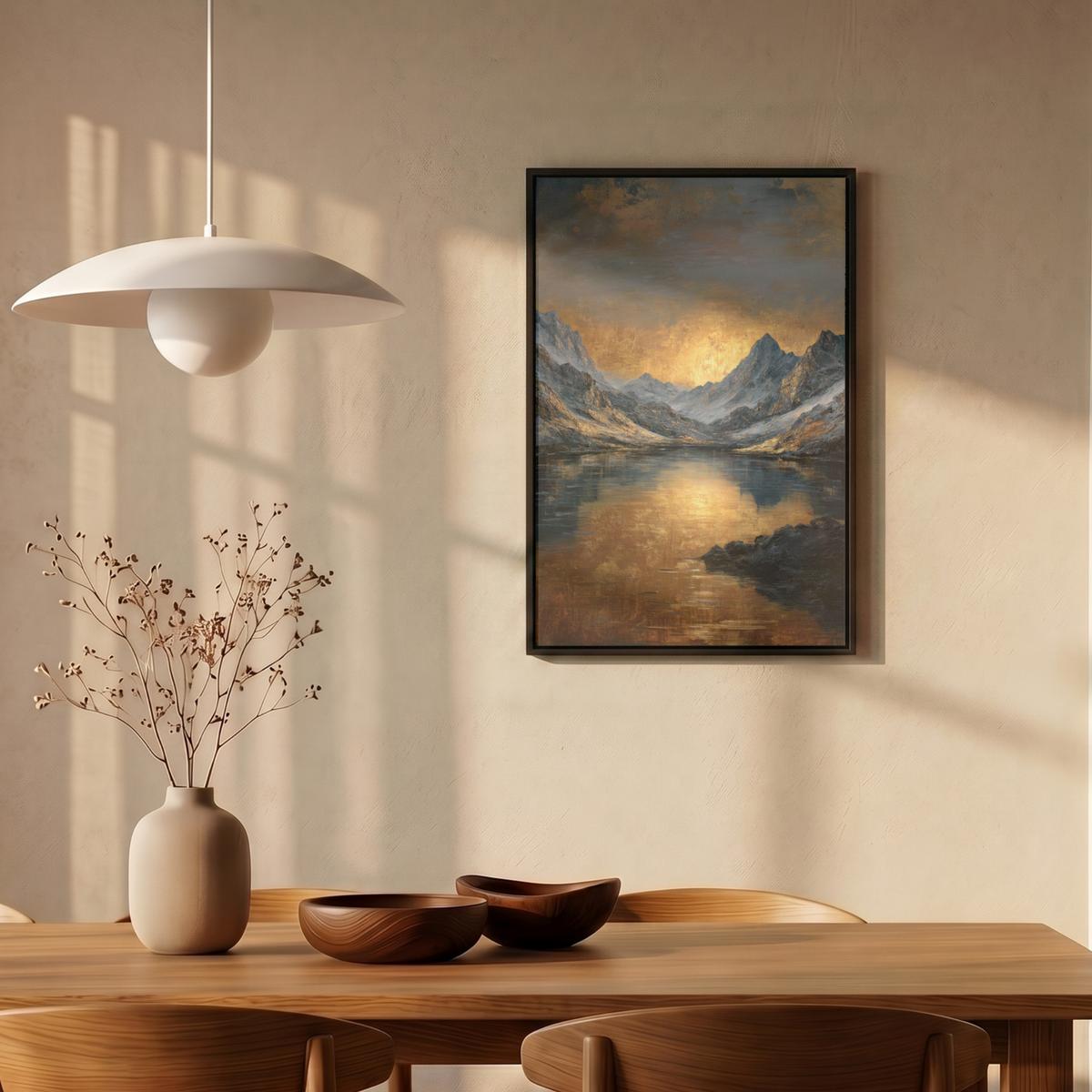 LEINWAND Bilder mit Rahmen - Bergkulisse mit goldenem Sonnenuntergang - 40x60 - Goldfarben, Textil (40/60cm) - MuchoWow