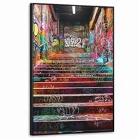 LEINWAND Bilder mit Rahmen - Treppe - Graffiti - Farben - Kunst - 100x150 - Multicolor, Textil (100/150cm) - MuchoWow