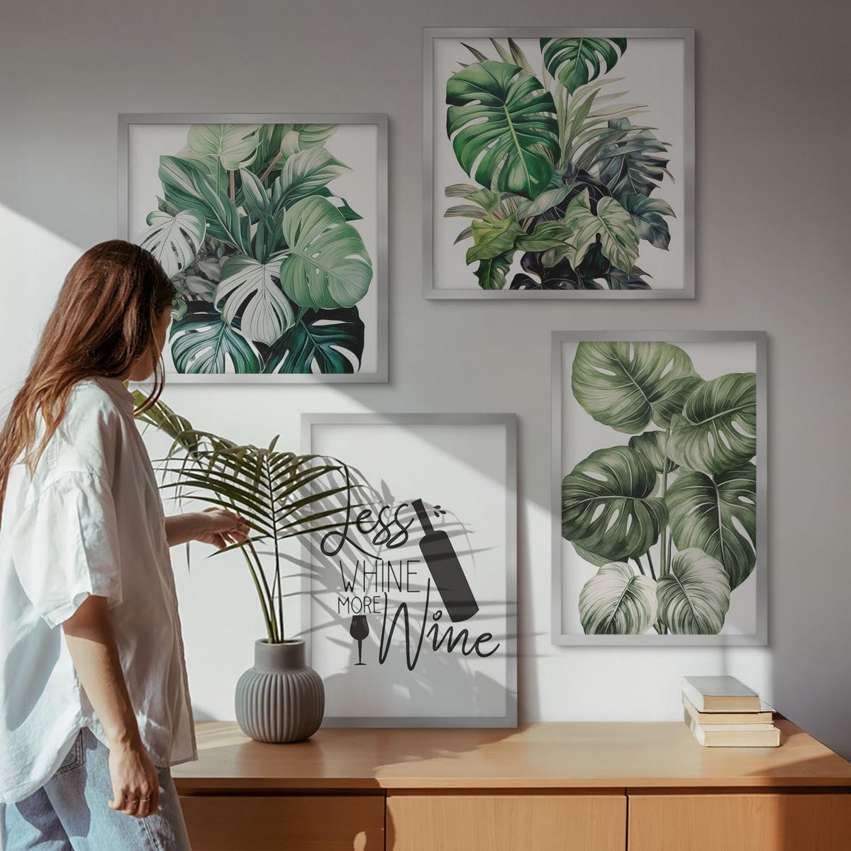 BILDER SET 4er Set - 50x50 cm & 40x60 cm Silberner Rahmen - Grüne Weinblätter - Silberfarben, Kunststoff (50/50cm) - TULUP