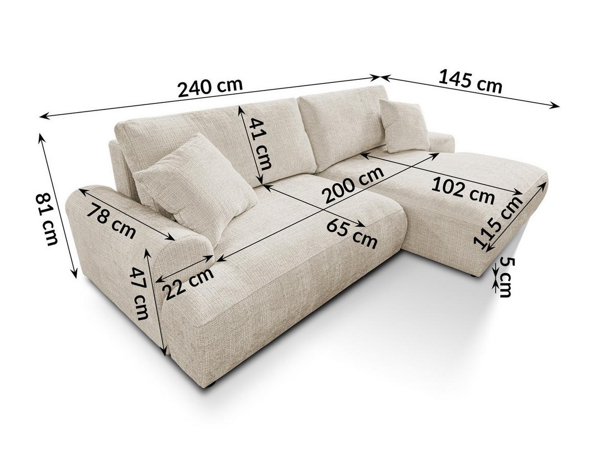 ECKSOFA Melvano mit Schlaffunktion und Bettkasten im Japandi-Stil aus weichem Beige Chenille-Stoff - Creme/Schwarz, Holz/Kunststoff (240/145cm) - S-Style