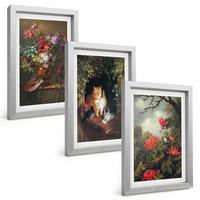 BILDER SET 3er Set - 20x30 cm Silberner Rahmen - Vintage-Blumen, Katzen, Natur - Silberfarben, Kunststoff (20/30cm) - TULUP