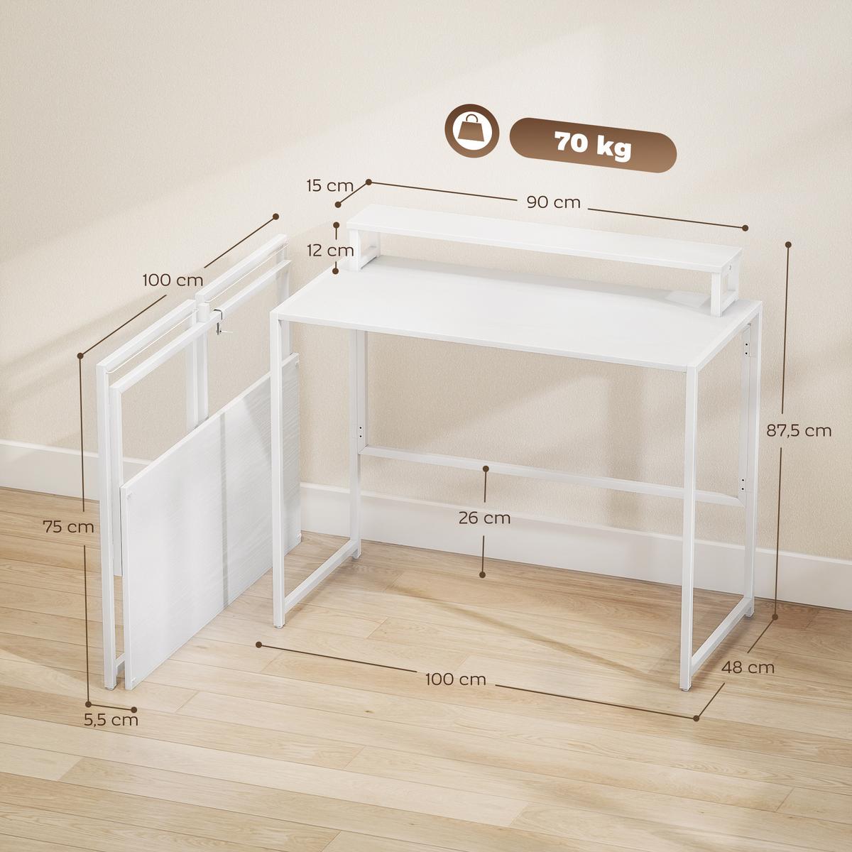 SCHREIBTISCH Klappbar Computertisch mit Monitorhalterung, 100 x 48 x 87,5 cm - Weiß, Holzwerkstoff/Metall (100/48/87.5cm) - HOMCOM