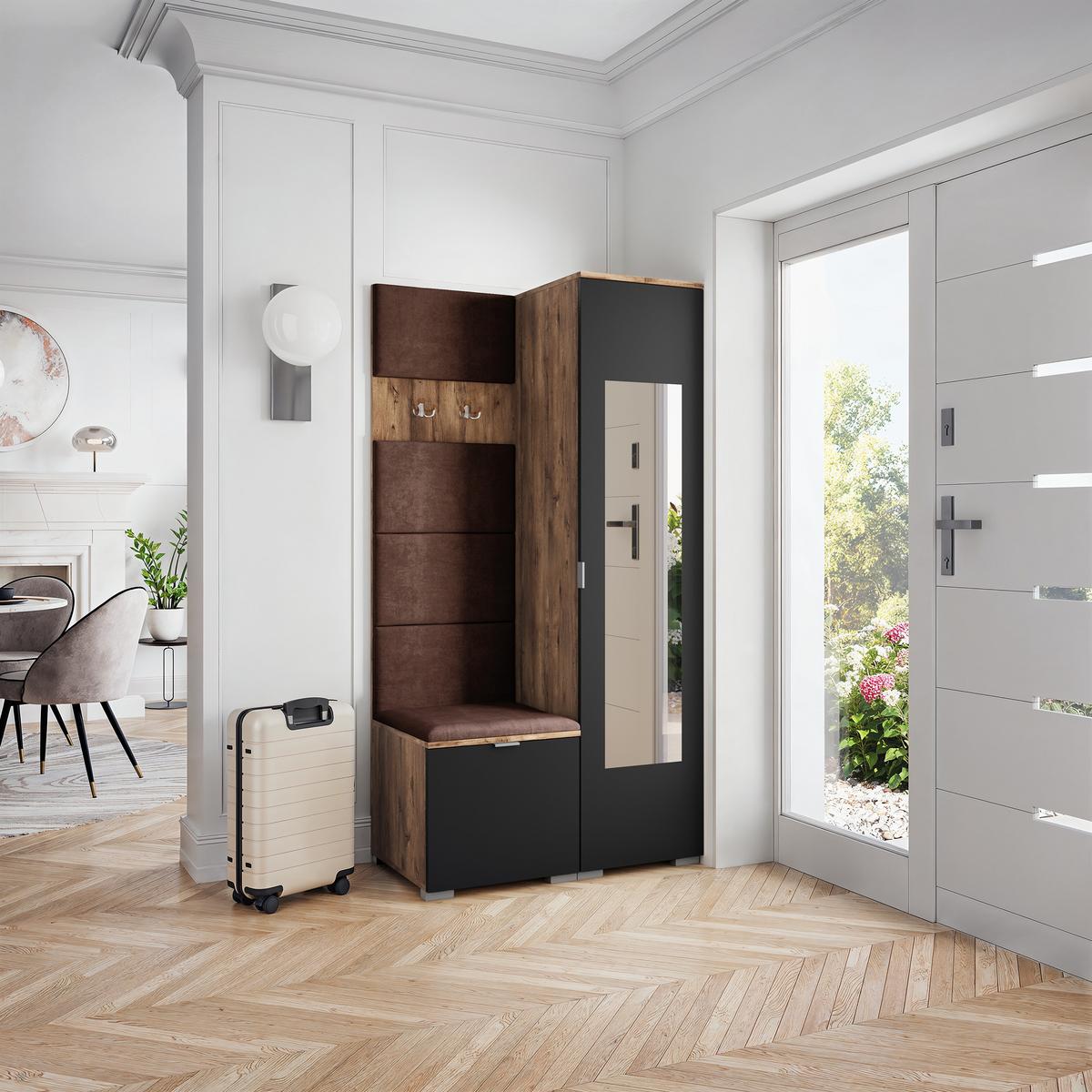 GARDEROBENSCHRANK VIRA 95/181/51 cm Modern Garderobe-Set Eiche Lefkas - Eichefarben/Schwarz, Holzwerkstoff (95/181/51cm) - MASSENO