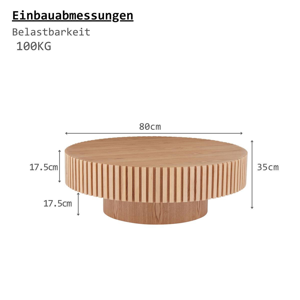 COUCHTISCH Rund in Natur-Optik Ø 80 cm mit handgefertigtem Rillen-Design - Naturfarben, Holzwerkstoff (80/80/35cm) - Urban Meuble
