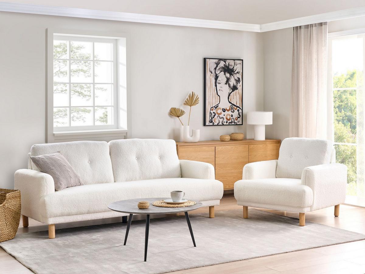 3-SITZER-SOFA Bouclé Weiß Tuve - Hellbraun/Weiß, Textil (199/85/90cm) - Beliani