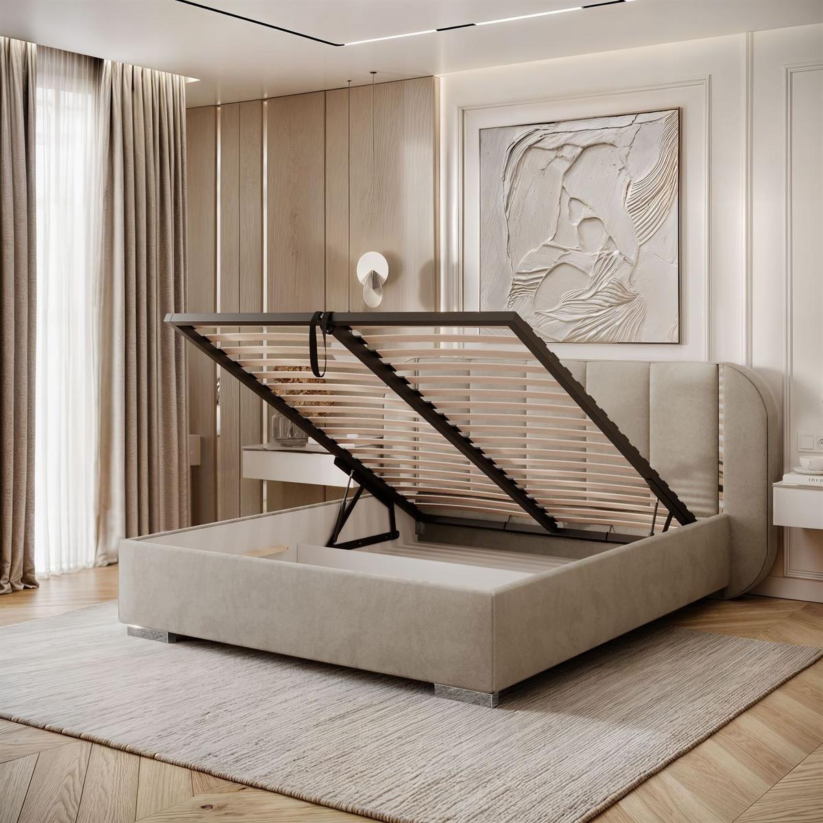BETT AMARA SILVER 160x200 gepolstert mit Stauraum und Lattenrost, Royal Velvet 180 - Taupe, Textil (160/200cm) - Lookway