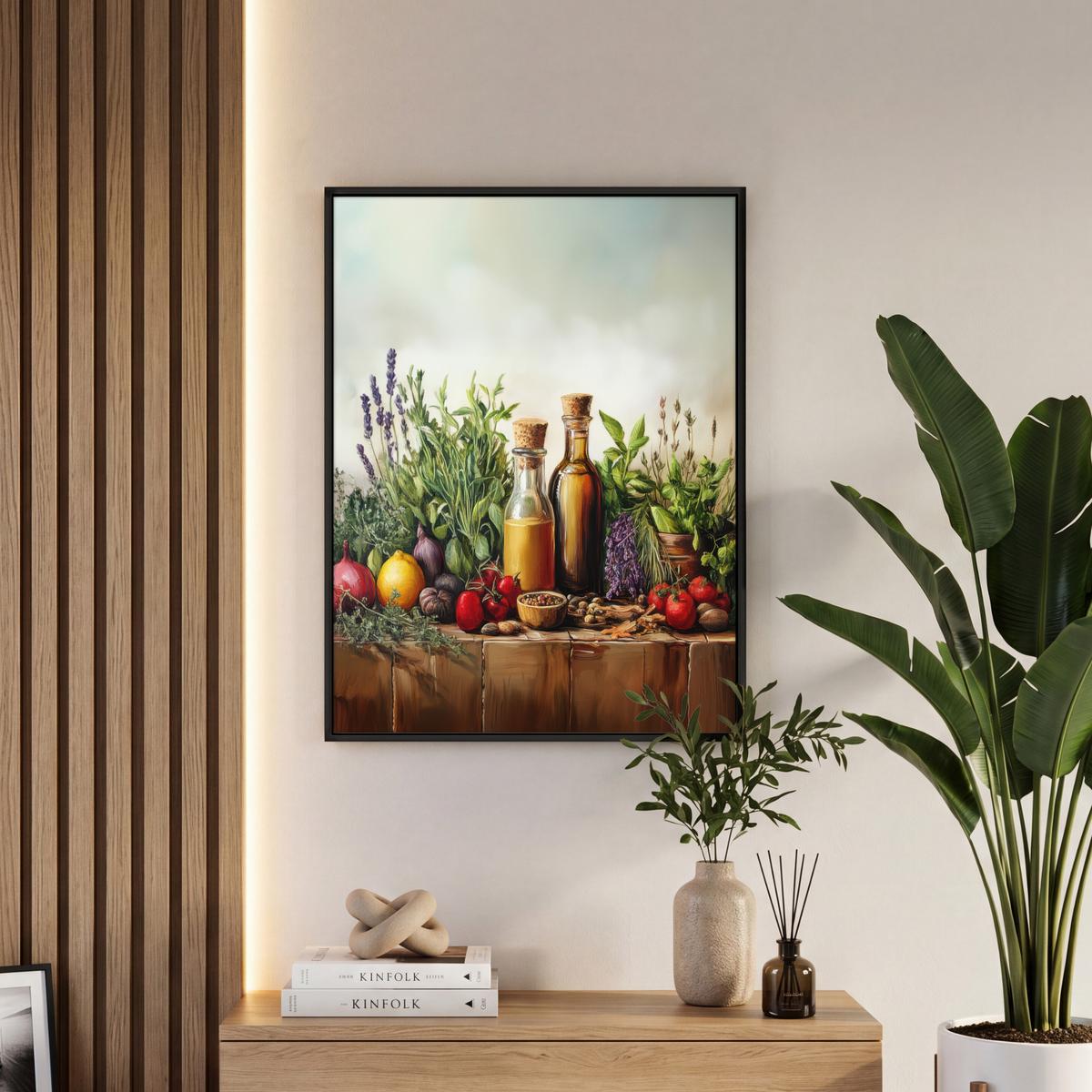 LEINWAND Bilder mit Rahmen - Stilleben - Kräuter - Gewürze - Früchte - Farbenfroh - 60x80 - Grün, Textil (60/80cm) - MuchoWow