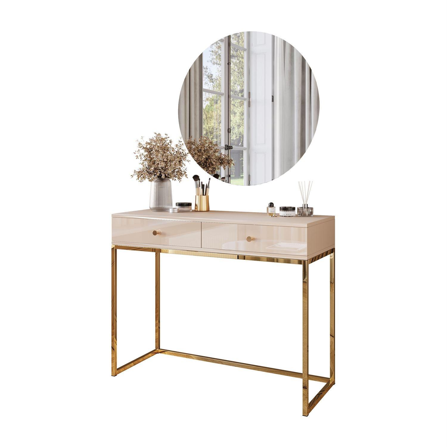 SCHMINKTISCH Blanco Glamour auf goldchrom Gestell mit LED-Spiegel goldener Griff - Goldfarben, Holzwerkstoff (100/81/42cm) - Lookway