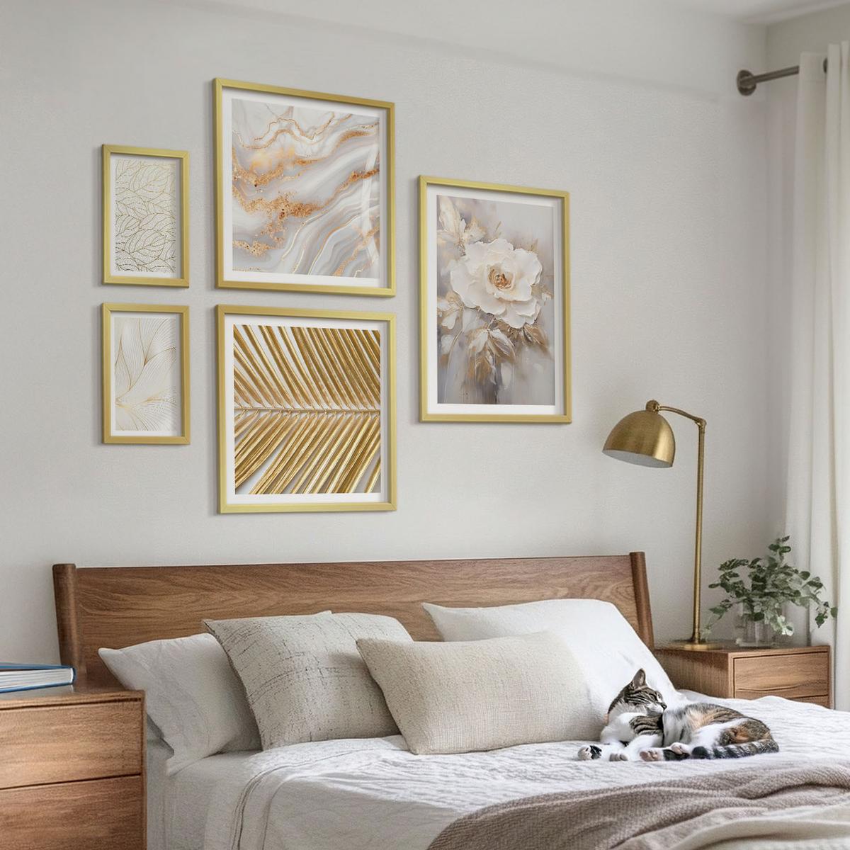 BILDER SET 5er Set - 50x50 cm & 20x30 cm & 40x60 cm Goldrahmen - Abstrakte Katzenmalereien - Goldfarben, Kunststoff (40/60cm) - TULUP