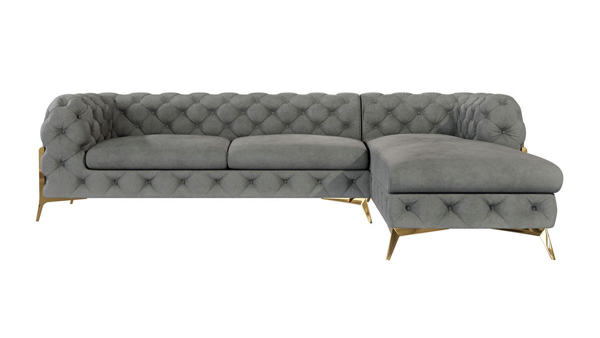 ECKSOFA Chesterfield Lexi Grau Samt, Ottomane rechts - Goldfarben/Grau, Holz/Textil (305/200cm) - S-Style Möbel