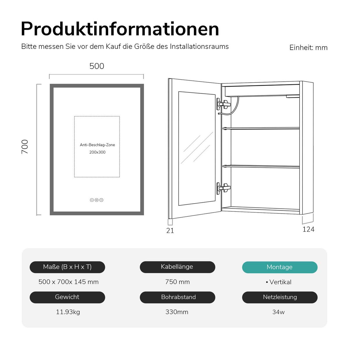 SPIEGELSCHRANK mit Beleuchtung Weiß 70/50 cm - Weiß, Metall (50/70/14.5cm) - EMKE