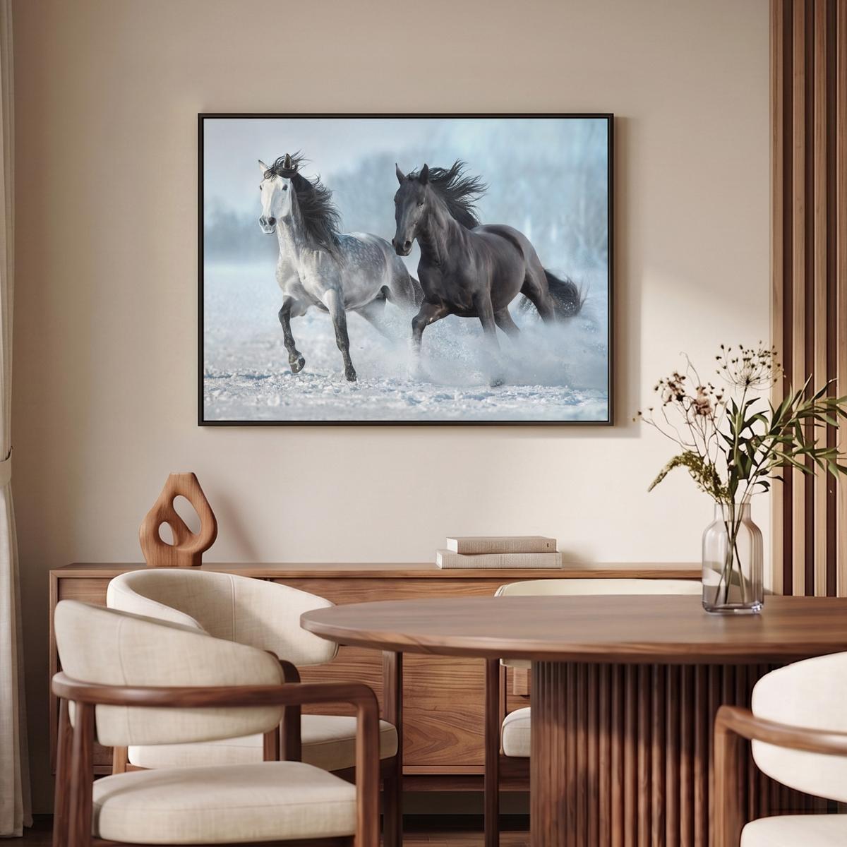 LEINWAND Bilder mit Rahmen - Pferde - Winter - Tiere - Natur - Schnee - 100x70 - Anthrazit, Textil (100/70cm) - MuchoWow